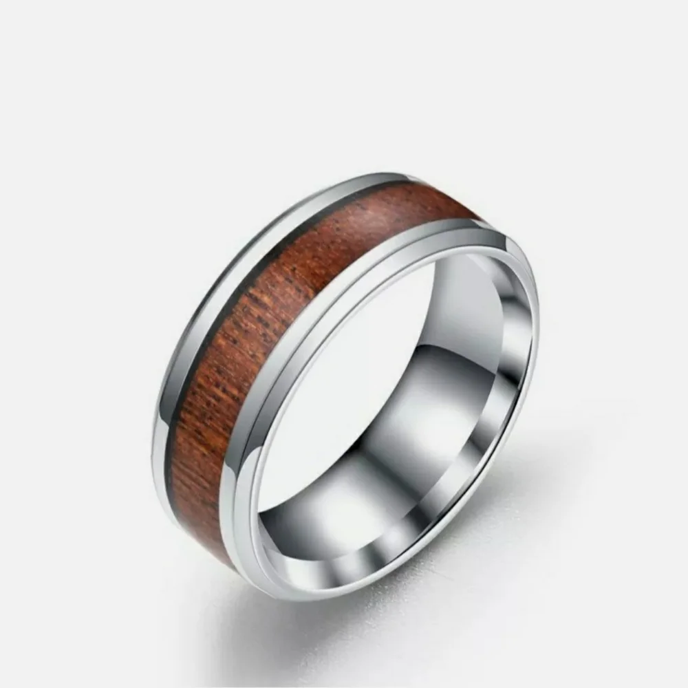 Silver Tungsten Wood Inlay 8mm Wide Bevel Edge Band Ring